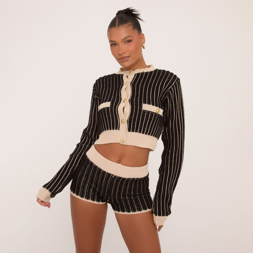 Gold Button Front Cropped Cardigan In Black Contrast Rib Knit | EGO Shoes (US & Canada)