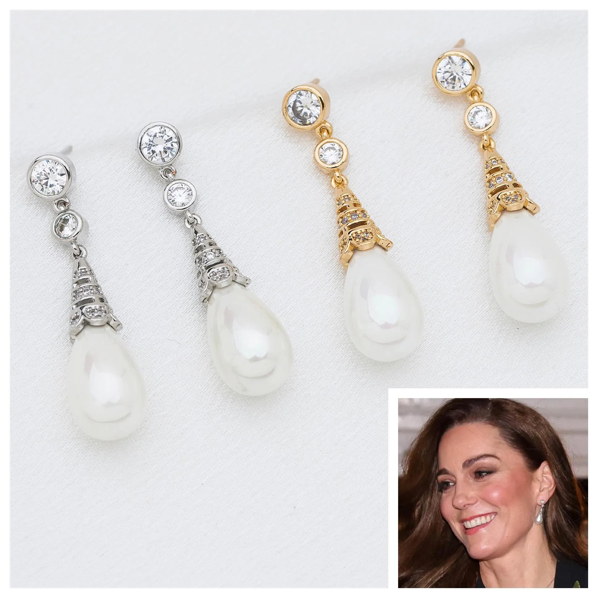 Princess of Wales Collingwood Earrings Reproduction with Shell Pearls & Simulated Diamond Encrusted Bell 5A CZ, Rhodium or 18k Gold plated | Etsy (Global)