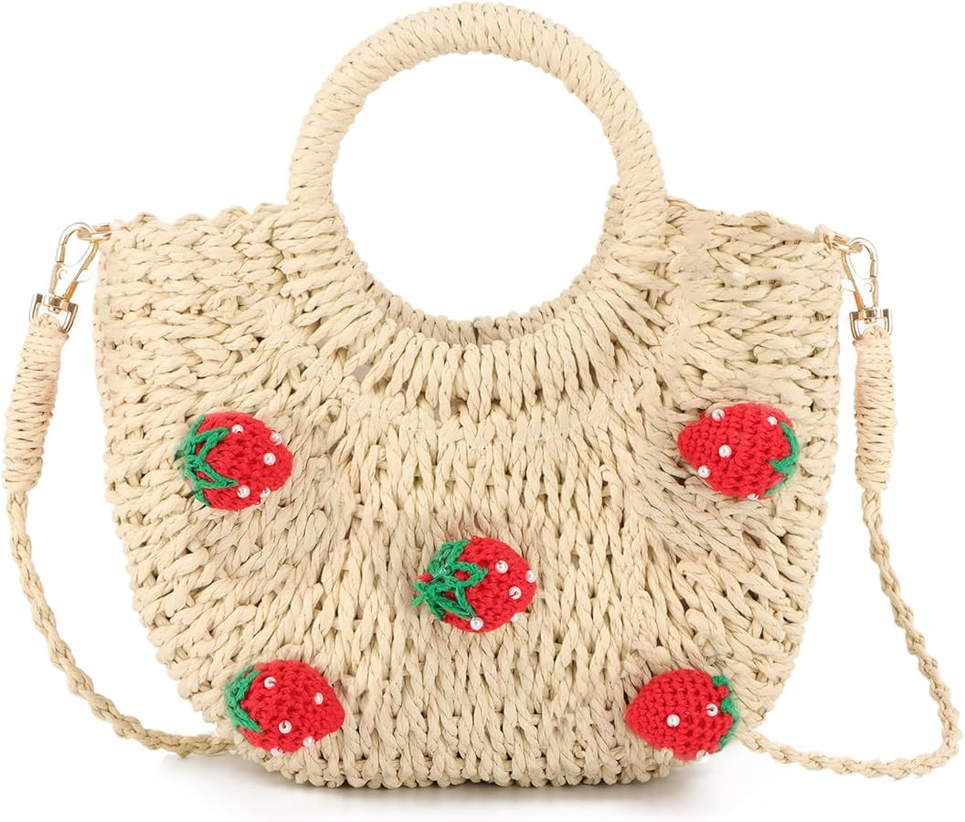 Ynport Straw Beach Handbag Tote for Women Summer Rattan Woven Shoulder Purse Cute Strawberry Wick... | Amazon (US)