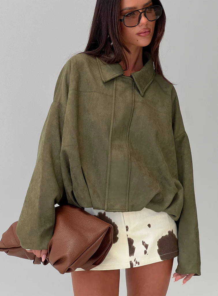 Enlightened Faux Suede Bomber Jacket Khaki | Princess Polly US