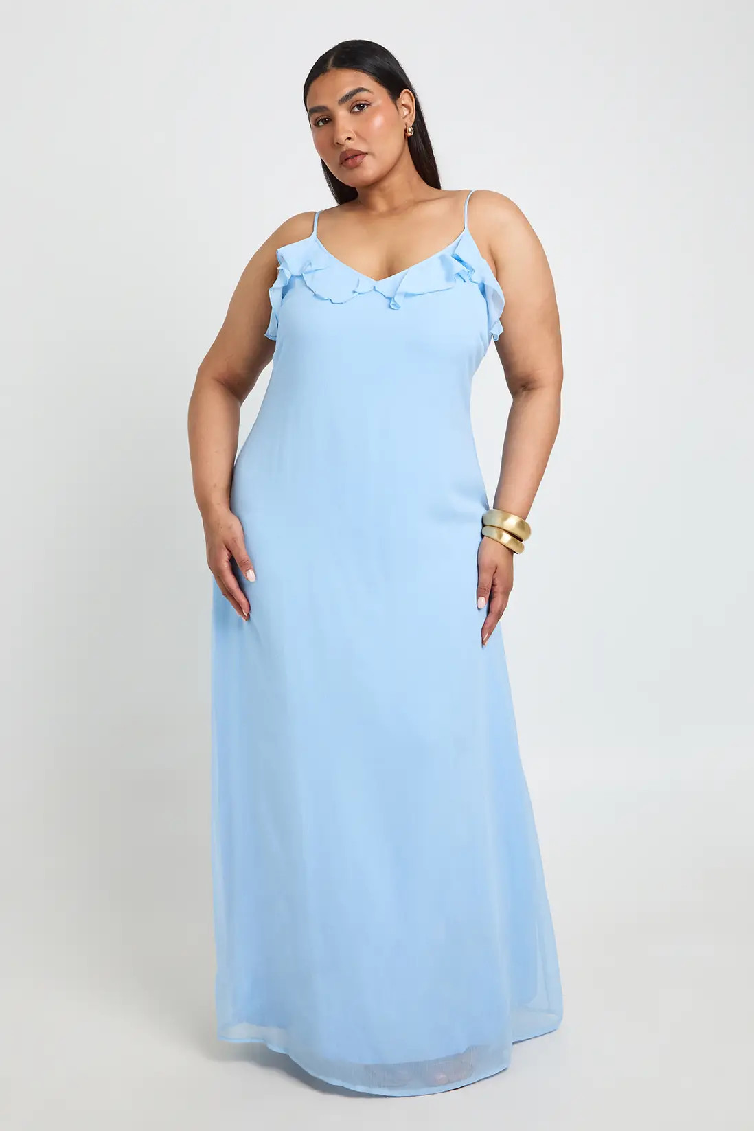 Powder Blue Plus Chiffon Ruffle Detail Maxi Dress | Boohoo | Boohoo.com (UK & IE)