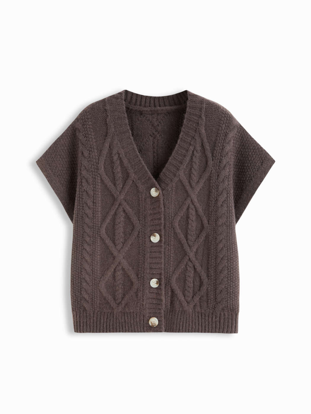 Knit Fabric Cable Knit V-neck Short Sleeve Button Vest For Work | Cider