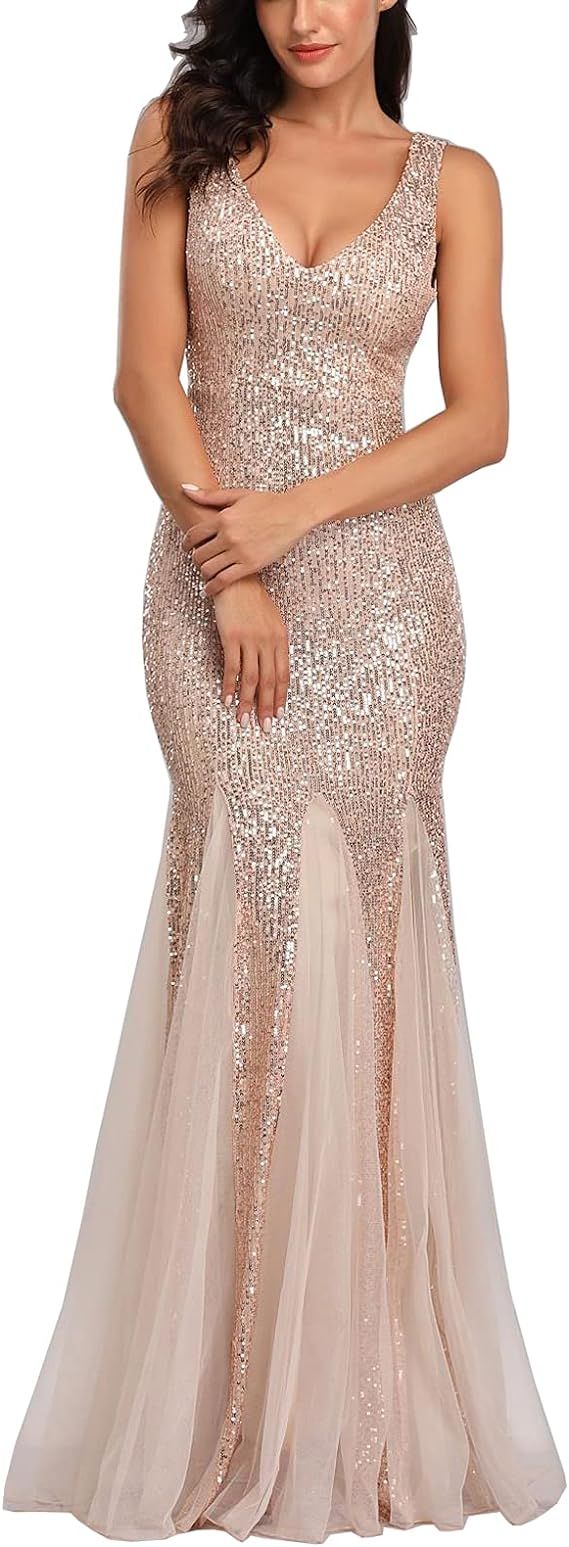 A ARFAR Women Sequin Dress Tulle Party Dress for Women Sexy V-Neck Dress Formal Long Dresses Even... | Amazon (US)