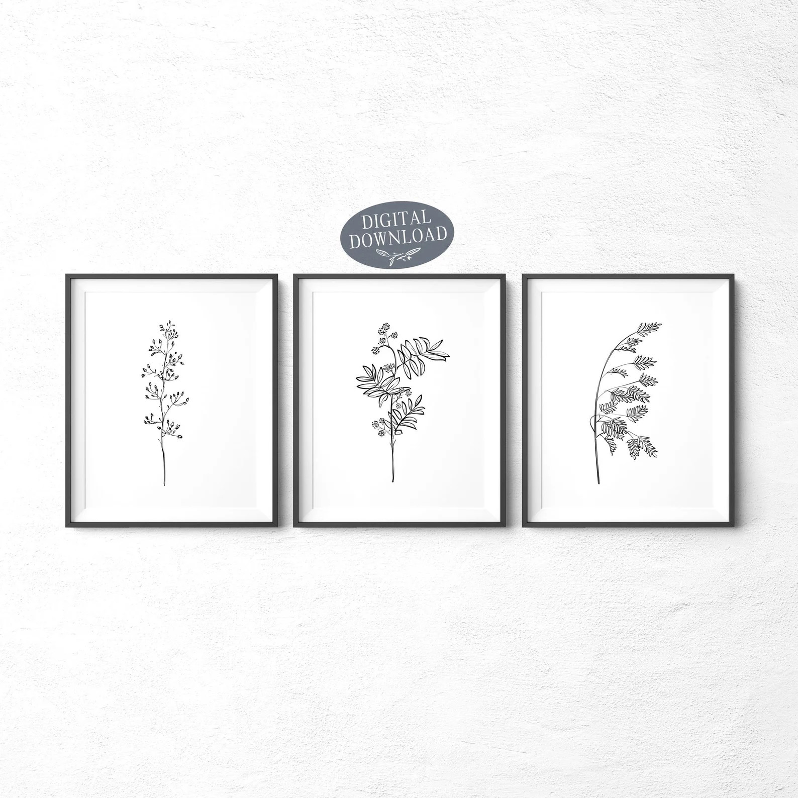 Botanical Print Set, Black and White Printable Wall Art, Set of 3 Prints, Leaf Prints, Kitchen Pr... | Etsy (US)