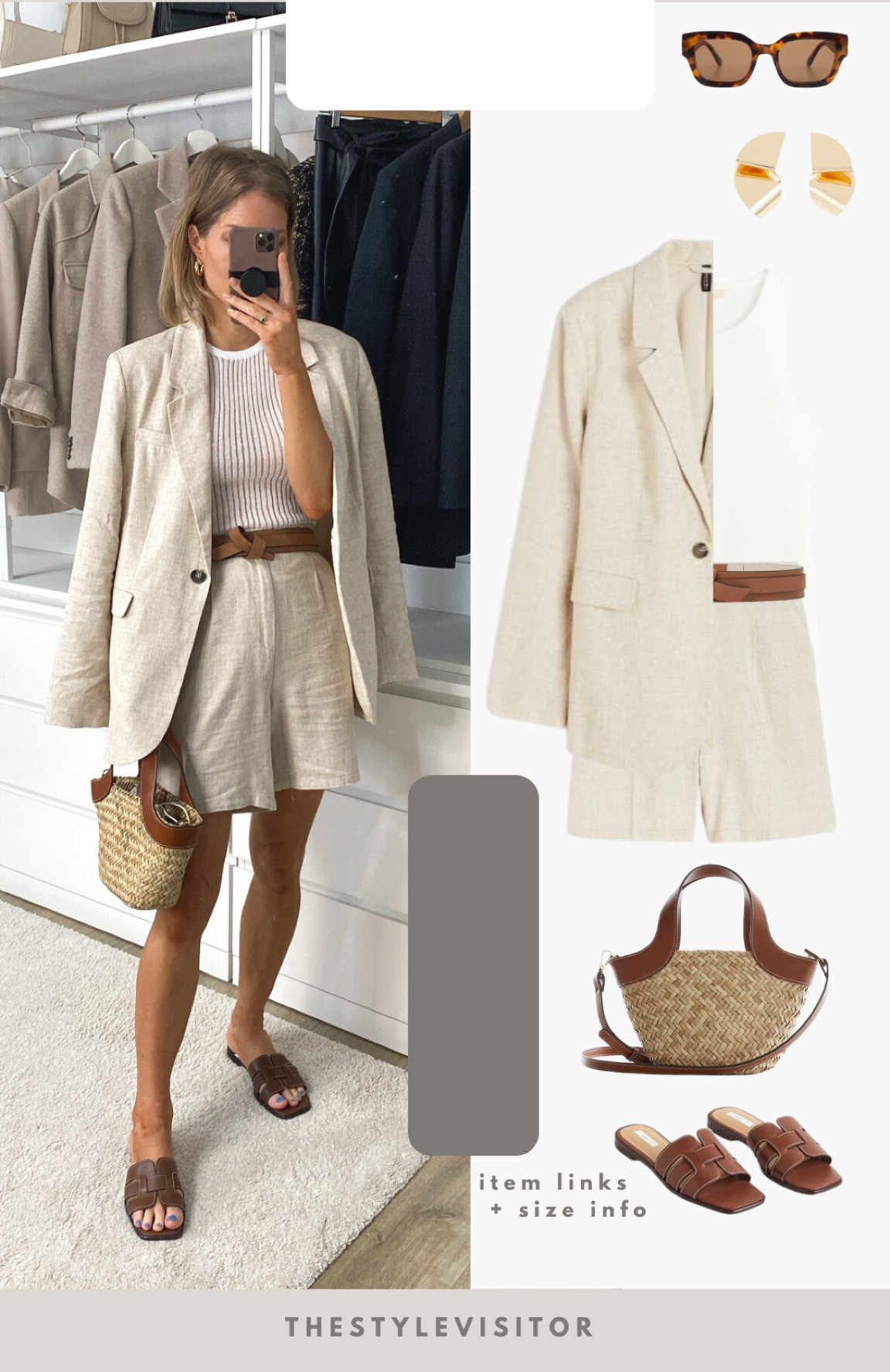 Simple holiday outfit for sight seeing wearing linen shorts (xs) and linen blazer (xs), almost translucent top (s). Paired it with some brown accessories for a classic look. Read the size guide/size reviews to pick the right size.

Leave a 🖤 to favorite this post and come back later to shop

#holiday outfit #vacation #resort 

#LTKeurope #LTKSeasonal #LTKstyletip