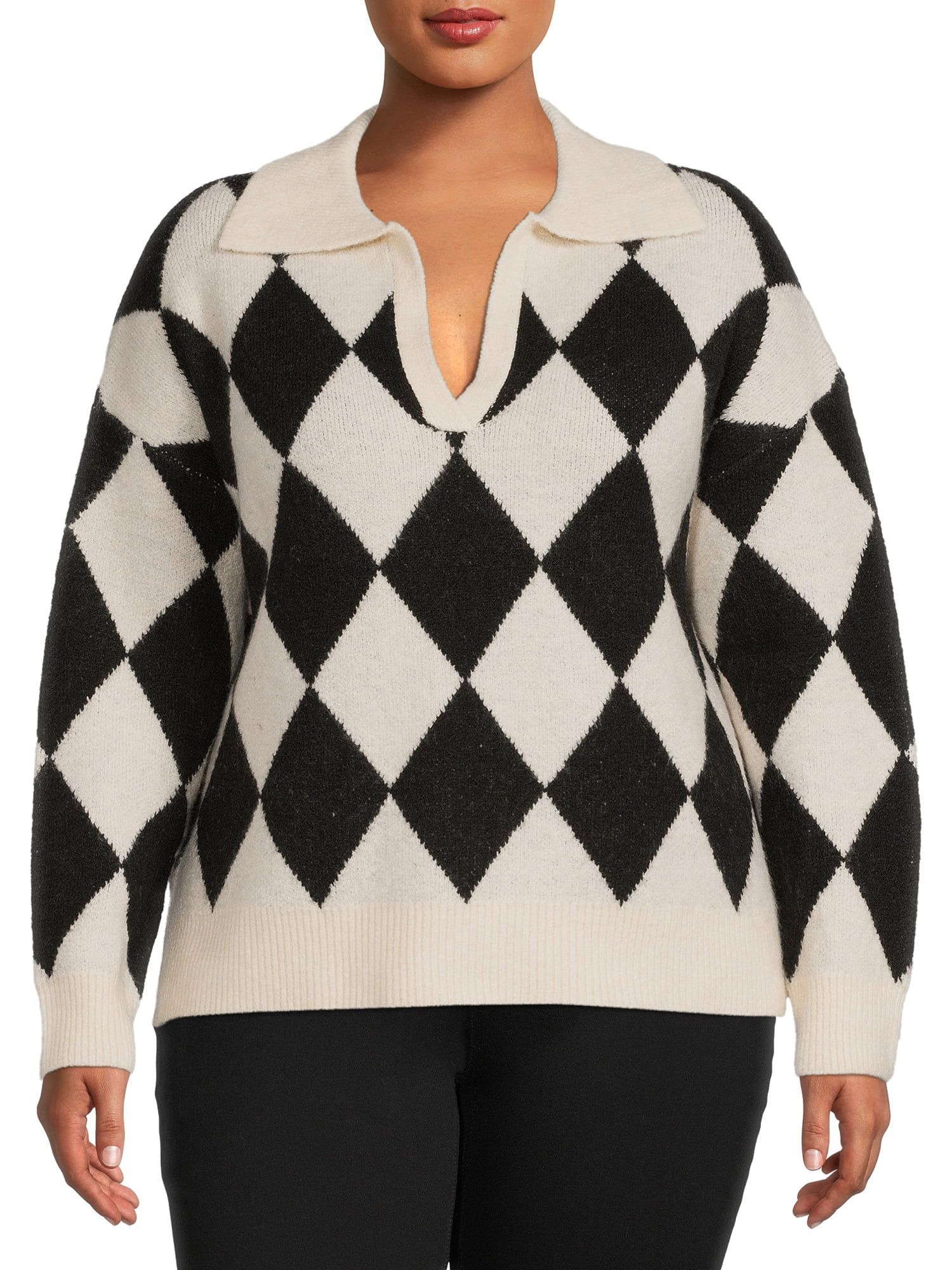 Dreamers by Debut Women's Plus Size Diamond Pattern Polo Sweater | Walmart (US)