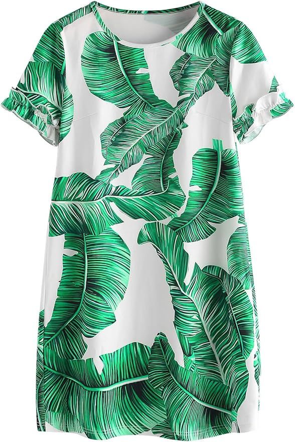 Floerns Women's Palm Leaf Print Short Sleeve Summer Dress | Amazon (US)