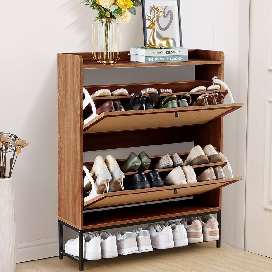LEVNARY Shoe Cabinet with 2 Flip Drawers, Wooden Narrow Shoe Racks Cabinet Storage, Hidden Freest... | Amazon (US)