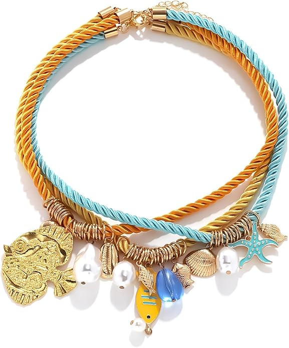 Boho Beach Pendant Necklace Set Summer Colorful Layered Braided Cord Necklace Fashion Charm Multi... | Amazon (US)