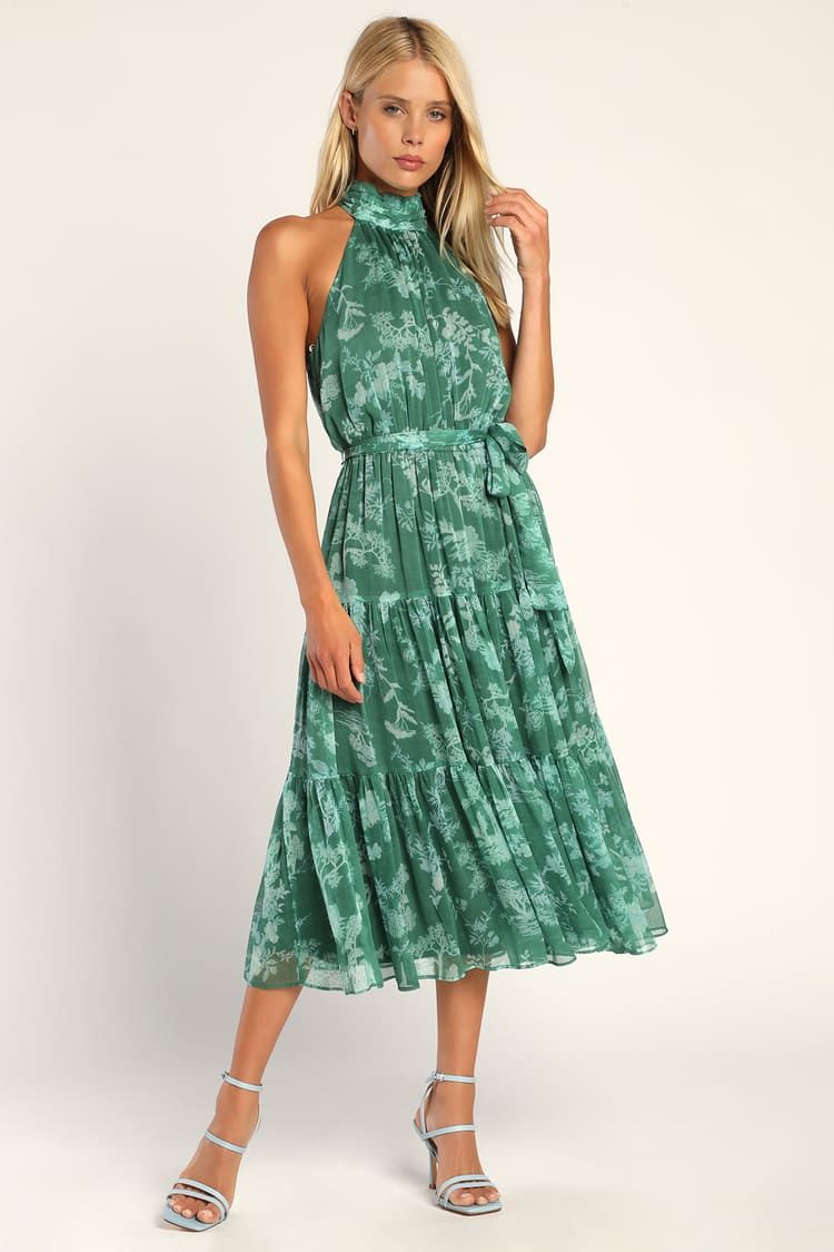 Float to You Green Floral Print Halter Tiered Midi Dress | Lulus