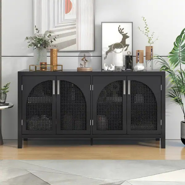 Nestfair Wooden Sideboard with Rattan Door and Metal Handles - Black | Bed Bath & Beyond