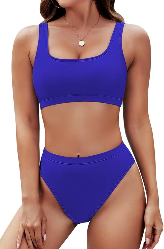 Pink Queen Women's Crop Top High Waisted Cheeky Bikini Set Two Piece Swimsuits | Amazon (US)