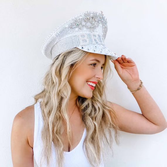 Bridal Disco Military Hat | Iridescent Silver Bachelorette Party BRIDE Captain Hat | Blingy Sequi... | Etsy (US)