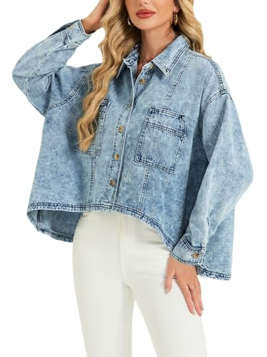 Oversized Jean Shirt Women Batwing Sleeve Denim Jacket Cropped Shacket Lightweight Cardigan | Amazon (US)