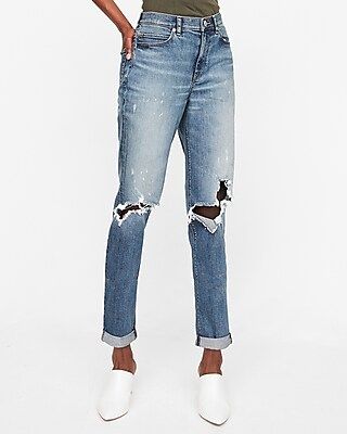 Express Womens High Waisted Ripped Original Boyfriend Jeans, Women's Size:0 Blue 0 | Express