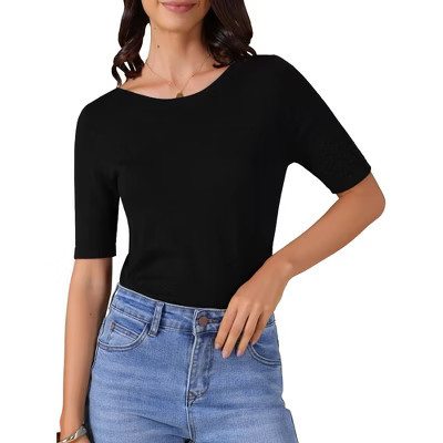 INSPIRE CHIC Women's Short Sleeve Boat Neck Lightweight Stretchy Basic Knit Casual T-Shirt Black Large | Target