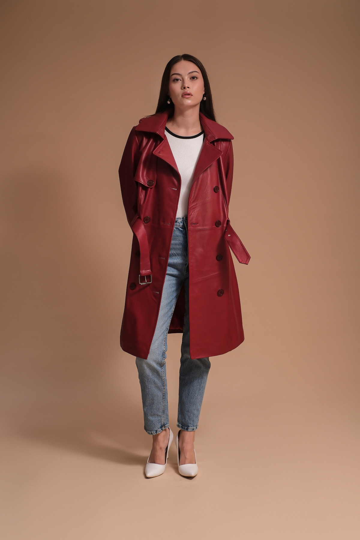 Women's Leather Trench Coat, Burgundy, Created for Macy's - Red | Macy's