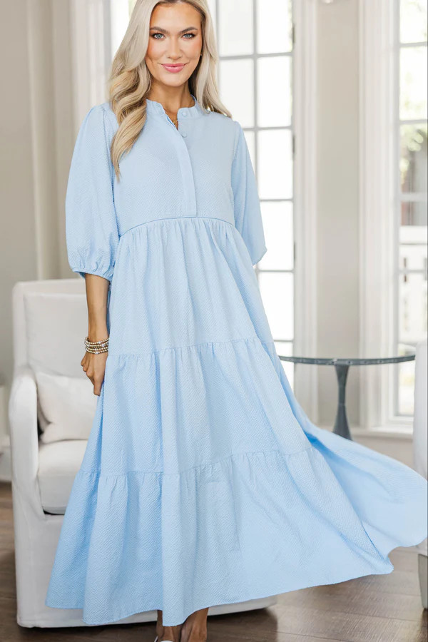 NURSING COLLECTION: At Daybreak Light Blue Textured Midi Dress | The Mint Julep Boutique