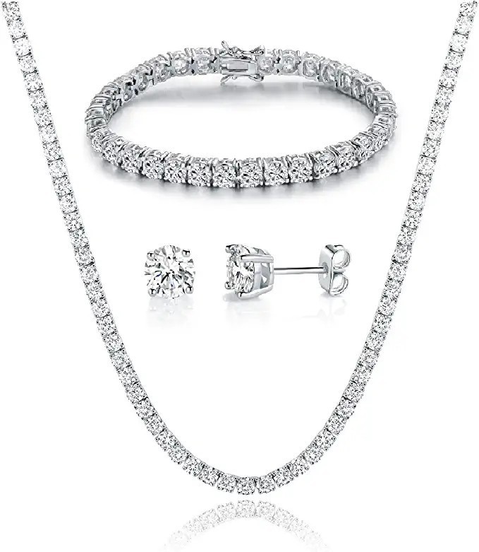 Amazon.com: 18K White Gold Plated Tennis Necklace/Bracelet/Earrings Sets Pack of 3 : Clothing, Sh... | Amazon (US)