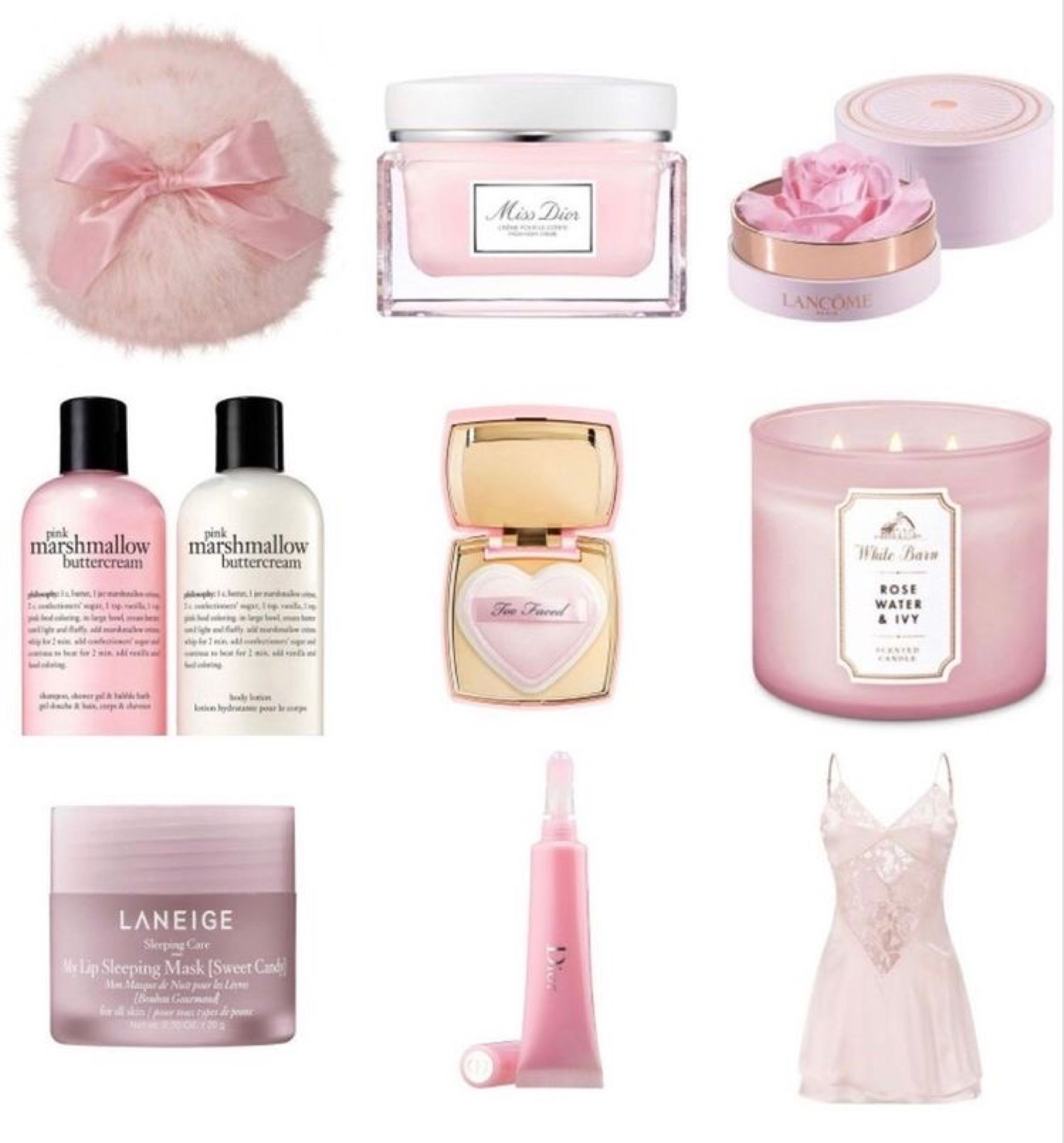 It girl beauty products- dior, laneige, lip balm, too faced makeup, rose water and ivy candle, candles luxury, philosophy bath wash, philosophy bath soaps, lace dress silk pajamas. 

#LTKGiftGuide #LTKunder100 #LTKbeauty