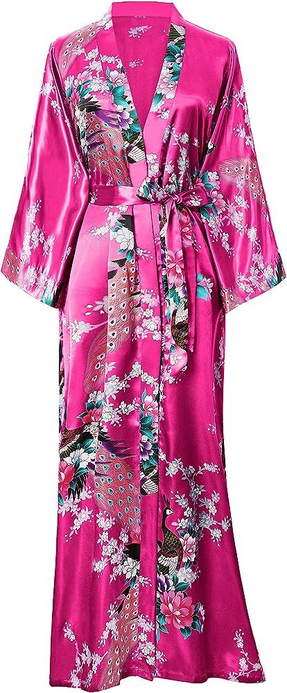 Women's Kimono Robe Long Robes with Peacock and Blossoms Printed Kimono Nightgown | Amazon (US)