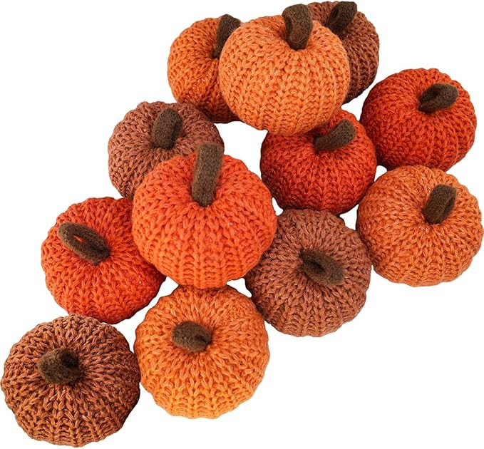 Winlyn Set of 12 Faux Fall Orange Crochet Pumpkins - Small Knit Foam Pumpkins for Rustic Farmhous... | Amazon (US)