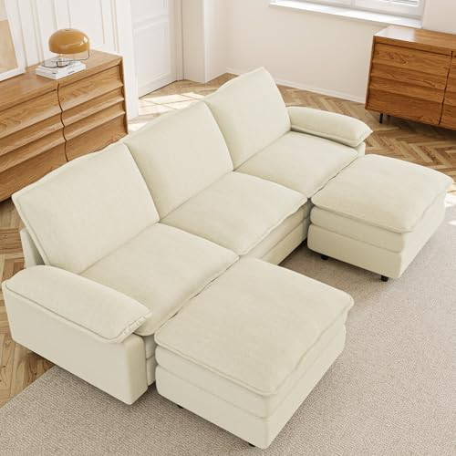 saows Modular Sectional Sofa, 113.6 Inch U Shaped Couch Set with Armrests, 3-Seater Comfy Cloud Couches with Movable Ottoman for Living Room Apartment, Beige | Amazon (US)