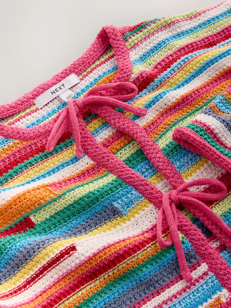 Pink Multi Stripe Cotton Rich Tie Front Cardigan | Next EU