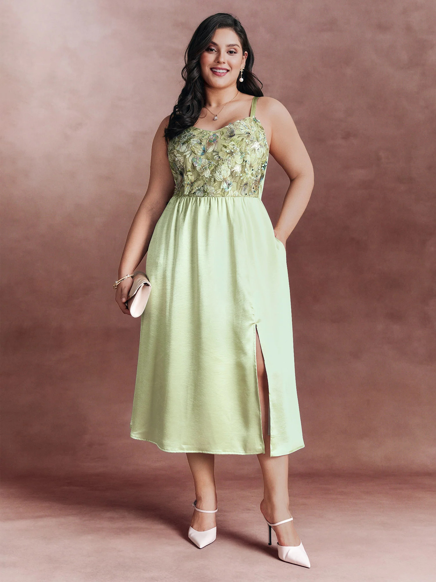 Sequin Floral Embroidered Satin Slit Hem Midi Dress | Bloomchic