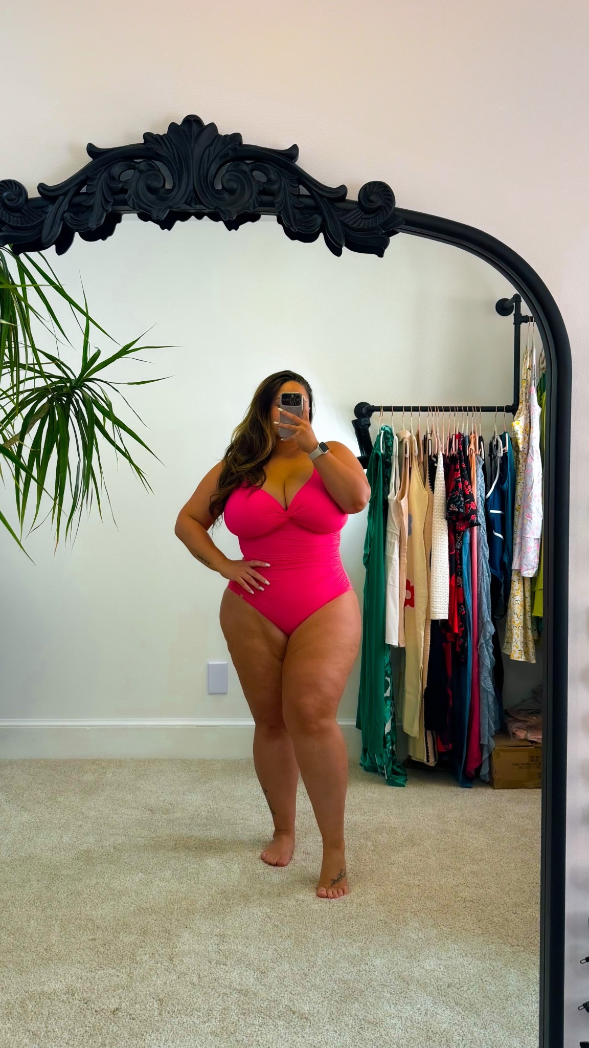 Ruched twist front one piece swimsuit with built in Shapewear! 

5’2” / size 16 / 38J 
wearing an XXL 

Defaults as a lower hip option with full cover back, but the ruching makes it easy to adjust to sit where you prefer it on your hip! 

#shapewear #ltkcurves #pink #summer #outfitideas 

#LTKSwim #LTKStyleTip #LTKMidsize