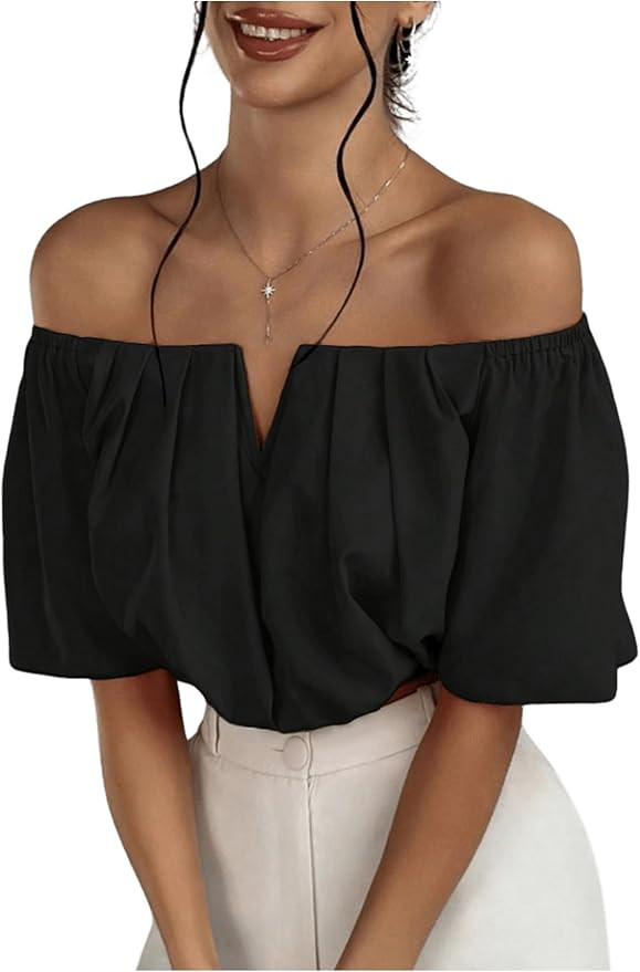 SOLY HUX Women's Off Shoulder Short Sleeve Ruched Crop Tops Blouse | Amazon (US)