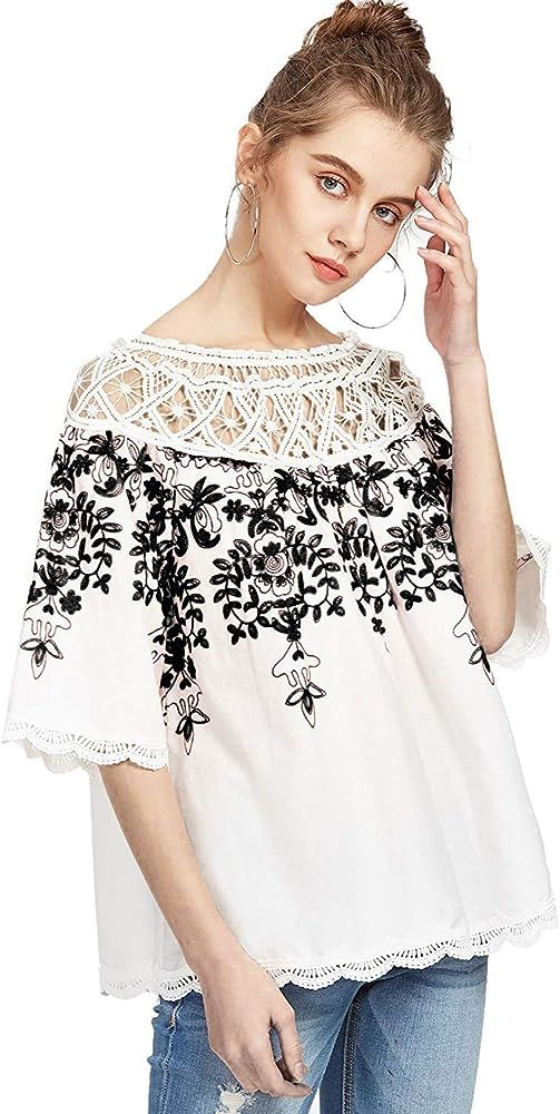 Romwe Women's Cold Shoulder Floral Embroidered Lace Scalloped Hem Blouse Top | Amazon (US)