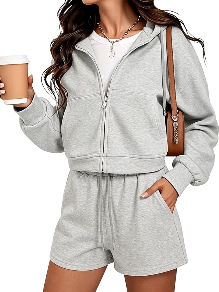 Women's Zip Up Hoodie Shorts Set, High Waist Athletic Lounge 2 Piece Outfit | Amazon (US)
