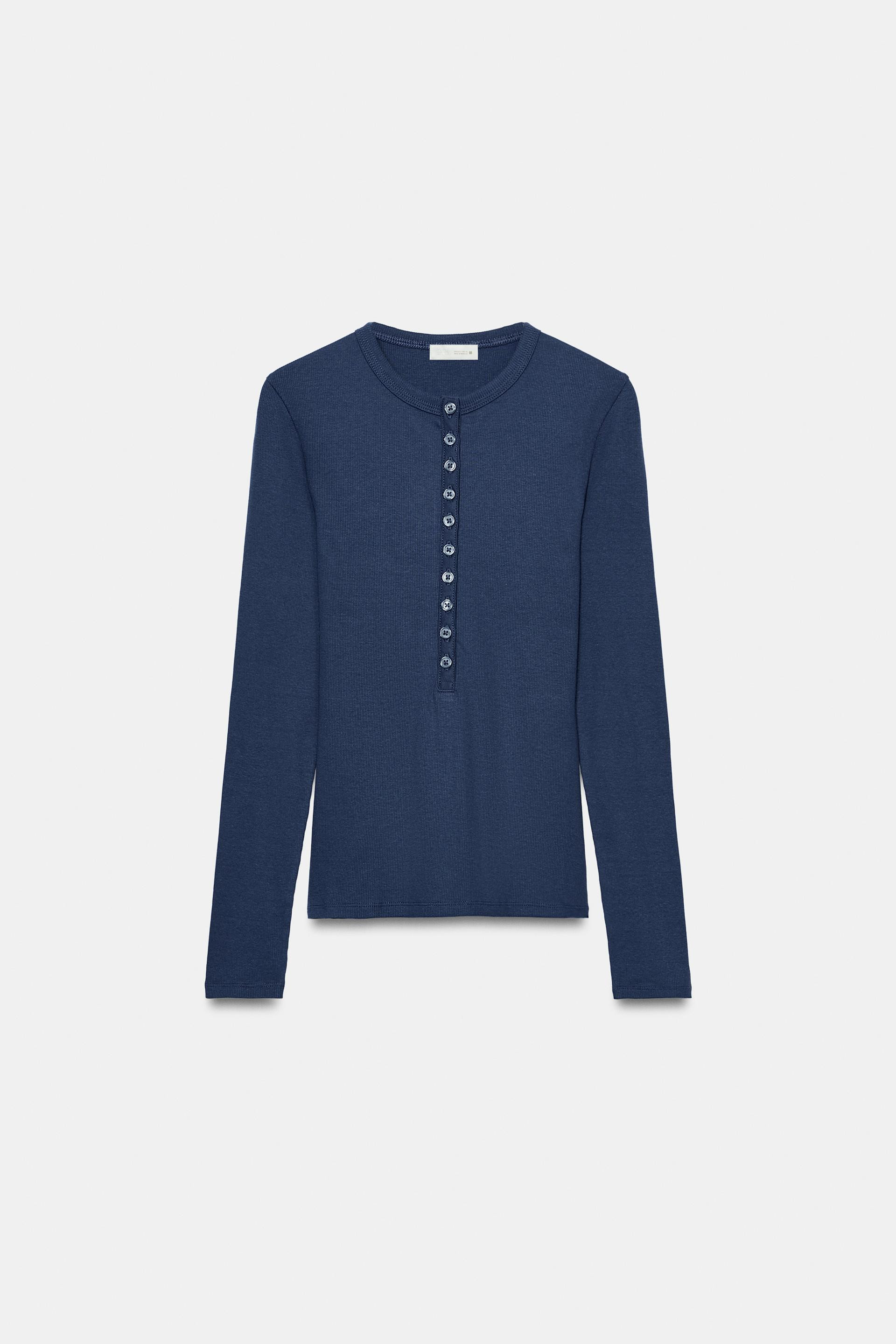 Zara - Long Sleeve Henley T-Shirt - Midnight Blue - S - Woman | Zara UK