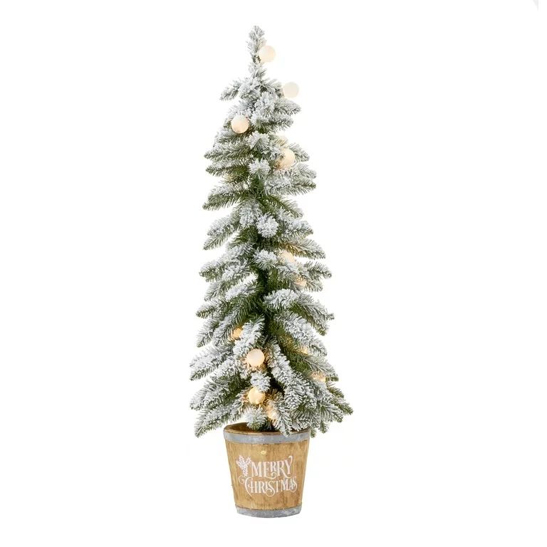 Holiday Time 4ft Pre-Lit Christmas Joy Flocked Potted Tree, Color-Changing LED, Green, 4' | Walmart (US)