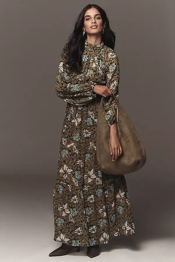 The Somerset Long-Sleeve Mock-Neck Chiffon Maxi Dress | Anthropologie (US)