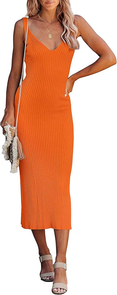 MEROKEETY Womens 2024 Summer V Neck Knit Midi Dress Bodycon Sleeveless Ribbed Sweater Dresses | Amazon (US)