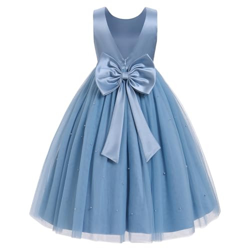 IBTOM CASTLE Flower Girl Dress Sleeveless V-Back Bow Satin Pearl Tulle Wedding Bridesmaid Long Dresses Toddler Princess Birthday Party Communion Pageant Formal Ball Gown Dusty Blue 3-4 Years | Amazon (US)