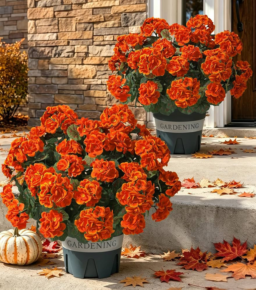 Geraniums Fall Flowers Artificial Flowers for Outdoor Autumn Decor, 2 Pack Potted Plants Faux Ger... | Amazon (US)