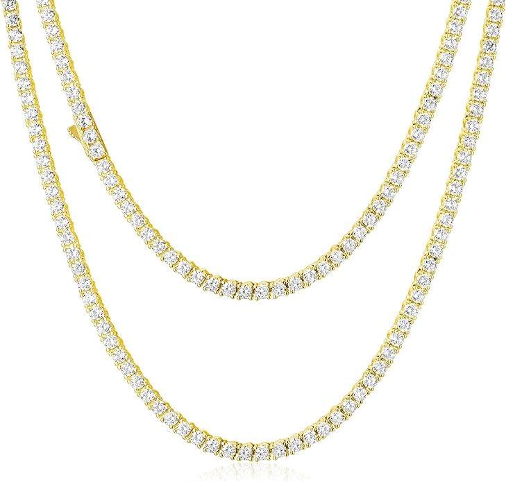 3mm Tennis Necklace for Women & Men, 14K White Gold Plated Cuban Link Chain 5A+ Cubic Zirconia Ic... | Amazon (US)