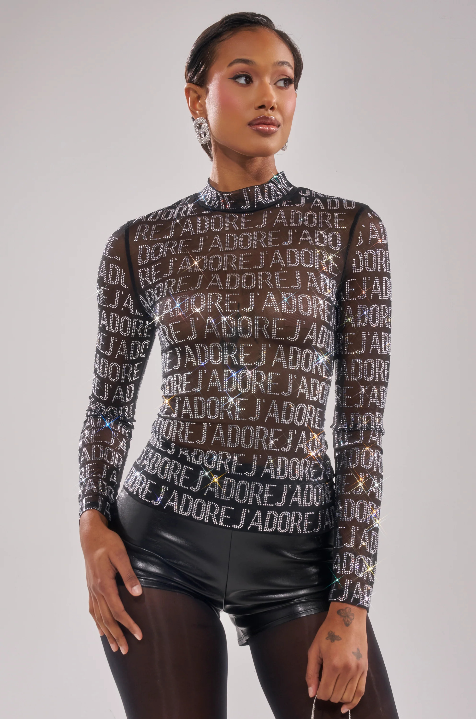 AKIRA J'adore Embellished Mesh Top | Black | Size XL | AKIRA