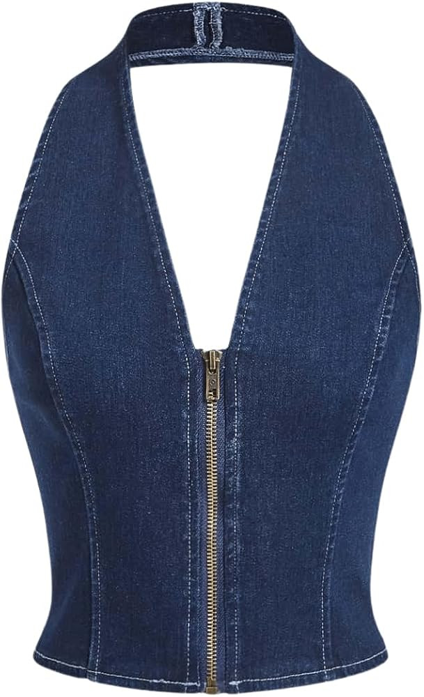 Milumia Women's Sexy V Neck Denim Halter Top Zip Up Fitted Cropped Vest Tank Tops | Amazon (US)