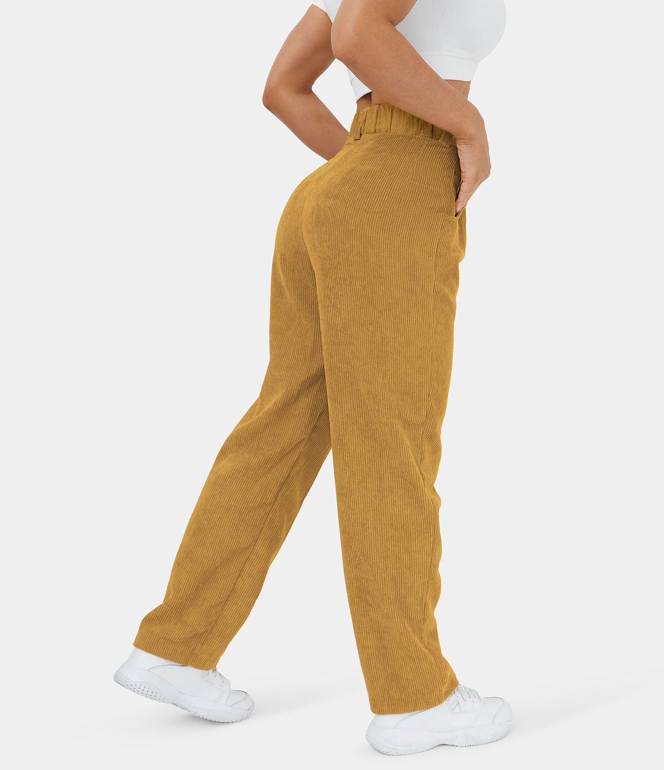 Women's Mid Rise Button Zipper Side Pocket Corduroy Casual Pants - HALARA | HALARA