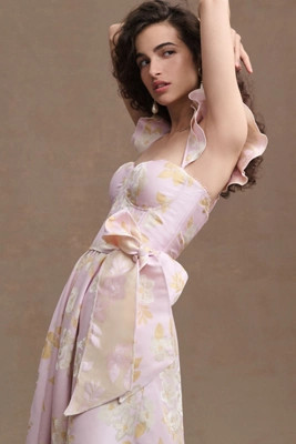 V. Chapman Vera Ruffle-Strap Corset Side-Slit Midi Dress | Anthropologie (US)