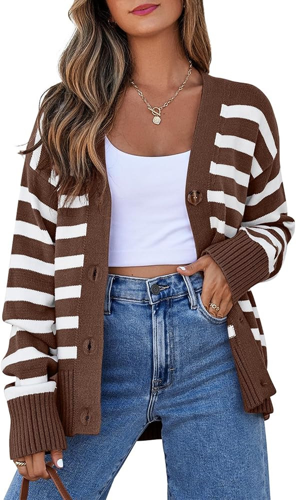 EVALESS Womens Striped Cardigan Sweaters Button Knit Tops | Amazon (US)