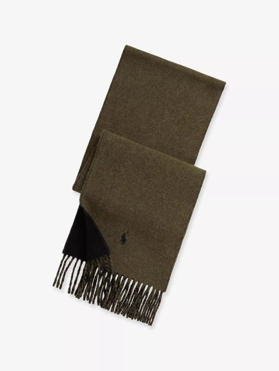 Brand-Embroidered Fringed-Trim Wool-Blend Scarf | Selfridges