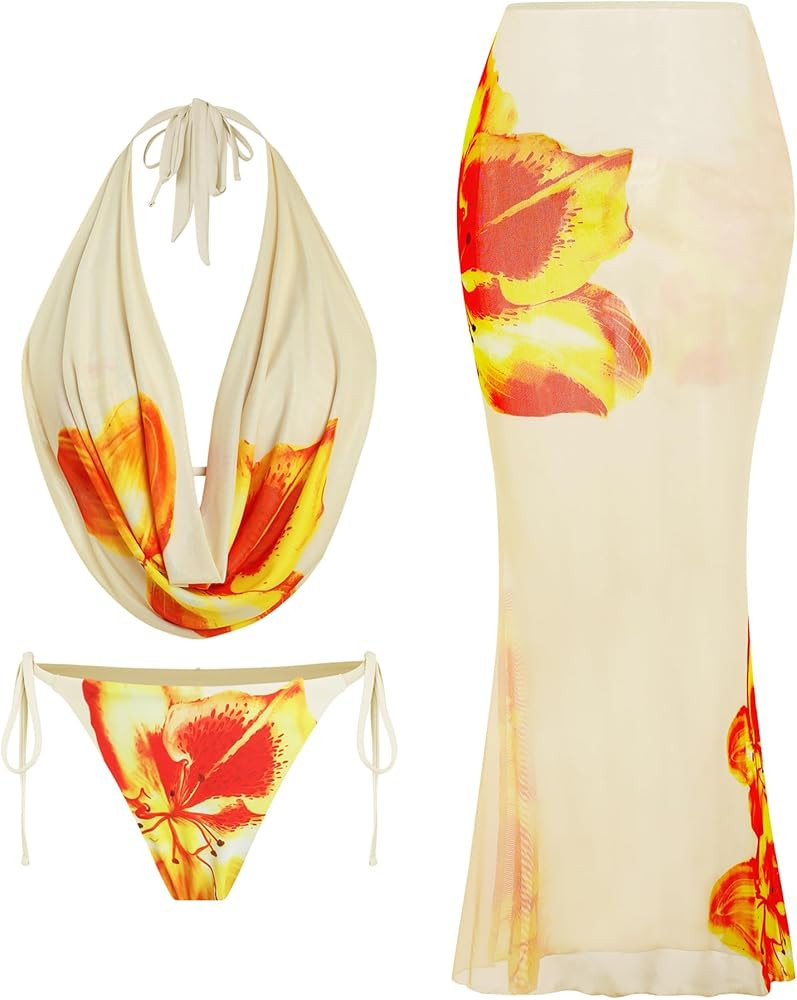 ZAFUL Women's 3 Piece Floral Swimsuit Draped Neck Halter Bikini Tie Side Bathing Suit with Sheer ... | Amazon (US)