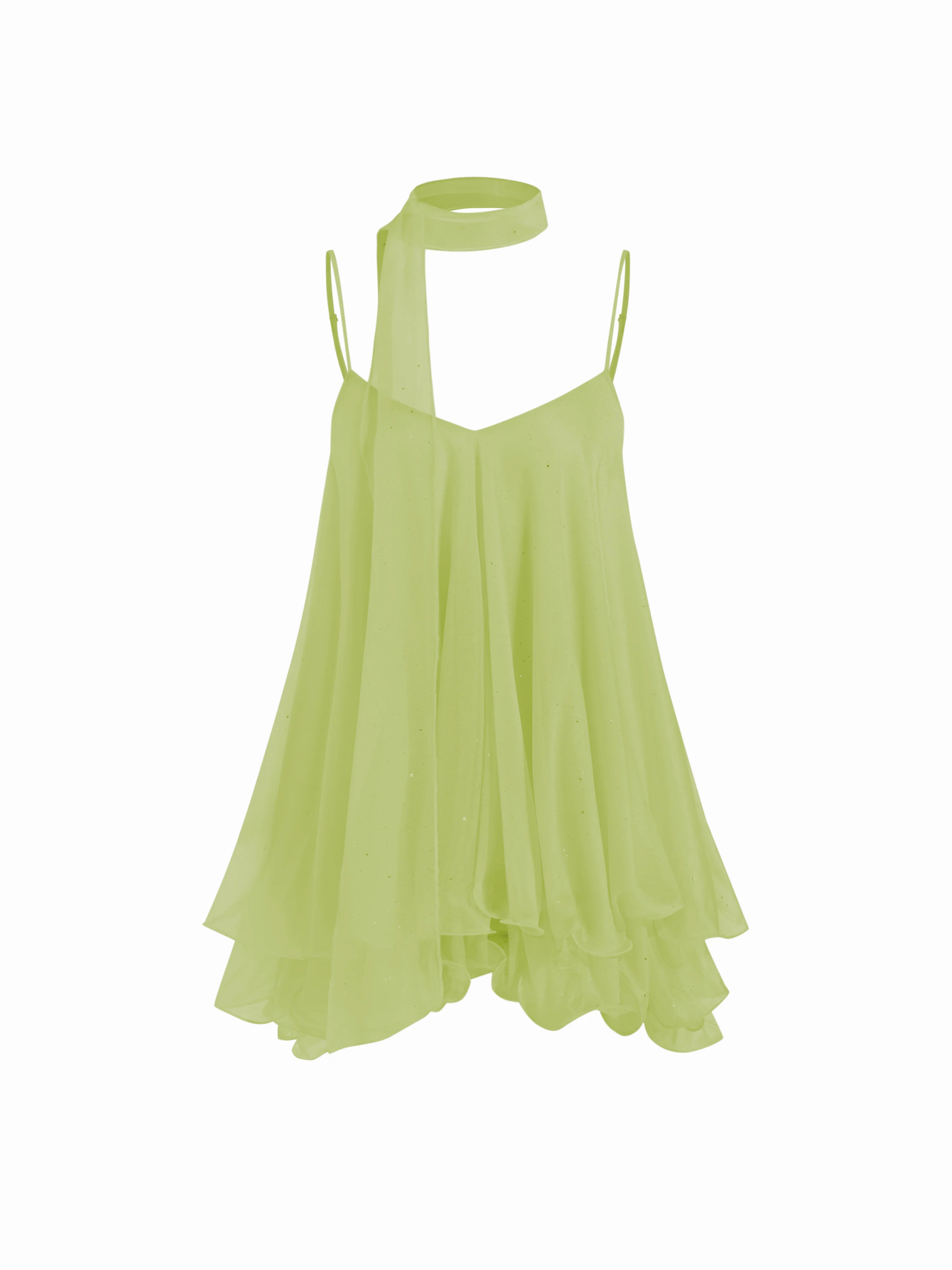 Sequin V-Neck Halter Ruffled Hem Oversized Mini Dress With Scarf | Cider
