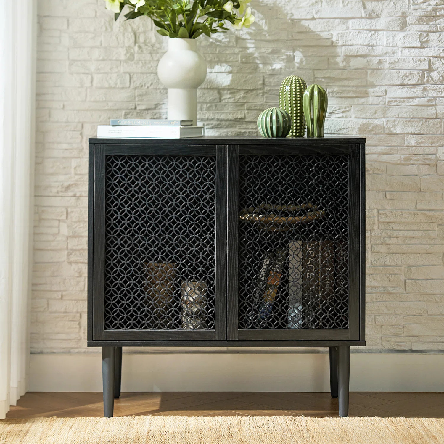 Fabion Modern 31.5''W Built-in LED Lights Wood-carved 2-Door Accent Cabinet with Metal Legs | Wayfair North America