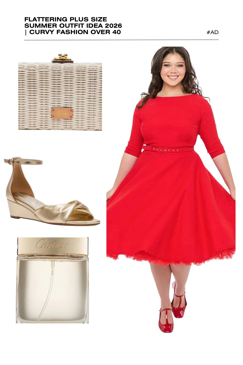 Make a classic statement with this bold red plus size summer outfit idea for 2026! This flattering fit and flare dress is a premier choice for curvy fashion over 40, featuring a sophisticated boat neckline, three-quarter sleeves, and a belted waist that creates a stunning hourglass silhouette. The voluminous petticoat hem adds a touch of retro drama, making it perfect for a summer wedding guest, cocktail party, or formal dinner.
We’ve styled this elegant red midi dress with a structured white wicker clutch for a crisp summer contrast and paired it with gold metallic ankle-strap wedge sandals. The look is finished with the airy, floral sophistication of Cartier Baiser Volé. Discover how to style vintage-inspired silhouettes for curvy figures this season. #PlusSizeFashion #RedDress #SummerOutfits2026 #CurvyStyle #RetroGlamour #CartierPerfume #FitAndFlare